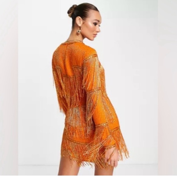 Size 14 ASOS DESIGN embellished shift mini dress with beaded fringe in orange - Picture 2 of 7